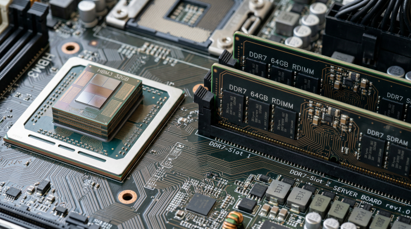 Advanced HBM and DDR memory components HBM3 and DDR7 memory chips on motherboard